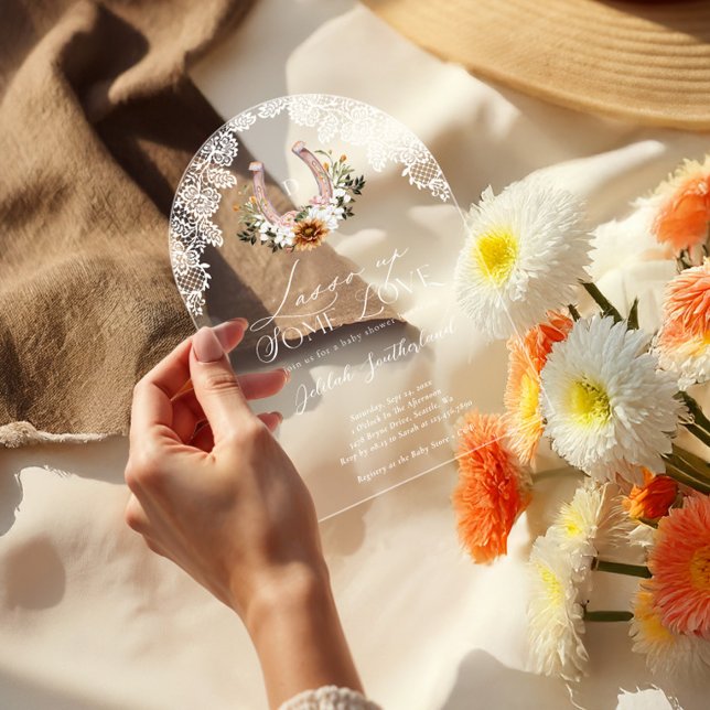 Invitations En Acrylique Floral Western Horseshoe Baby shower photo Arch (Floral Western Horseshoe Photo Arch Baby Shower Acrylic Invitations)