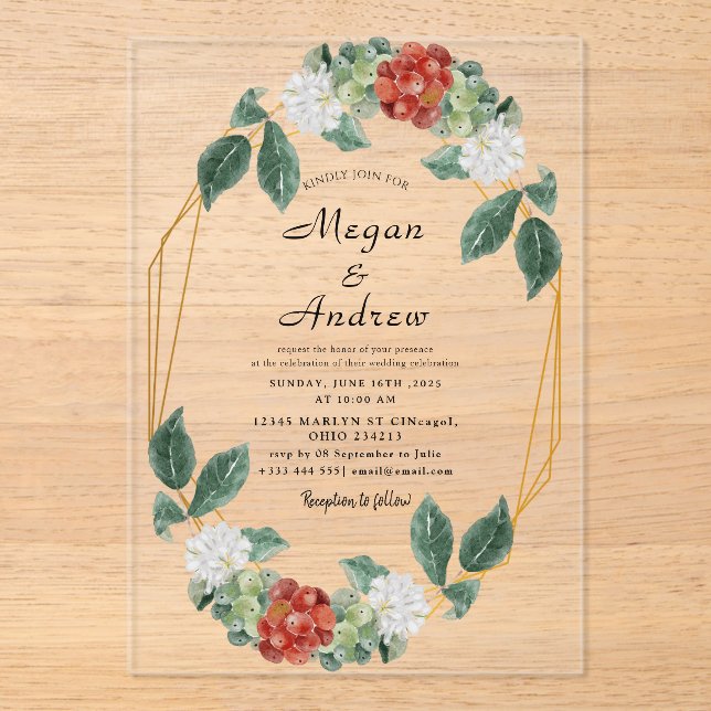 Invitations En Acrylique Floral Wreath & Geometric Frame Wedding Acrylic (Recto)