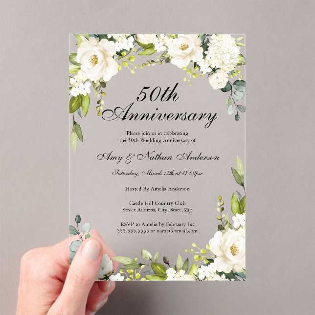 Invitations En Acrylique Florales blanches 50e anniversaire de Mariage (In situ (ordinateur de poche))
