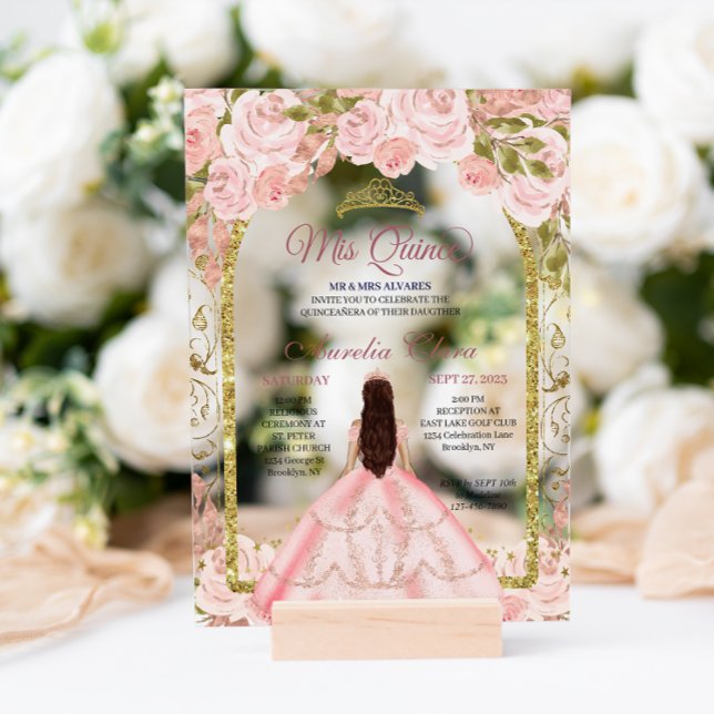 Invitations En Acrylique Flore rose pâle Princess Gold Arch Quinceanera (Créateur téléchargé)