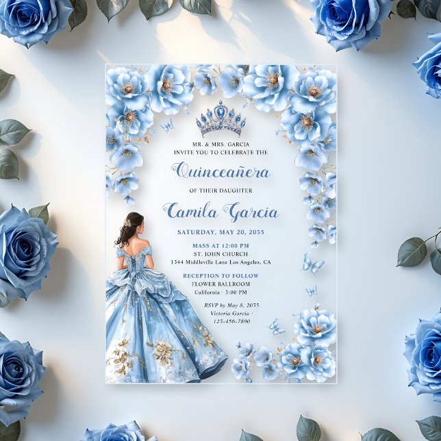 Invitations En Acrylique Flore Whimsical Dusty Bleu Tiara Quinceañera (Créateur téléchargé)