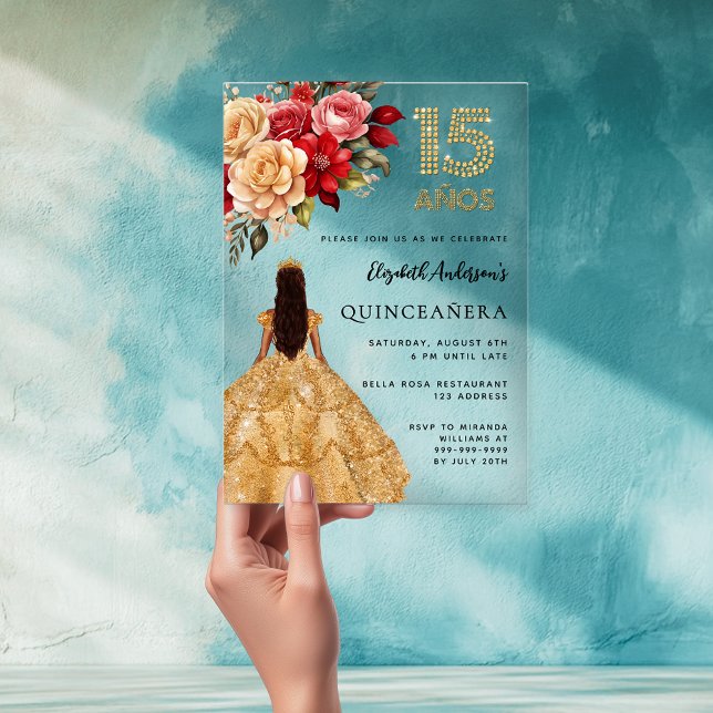 Invitations En Acrylique Flores de robe or Quinceanera rose clair (Créateur téléchargé)