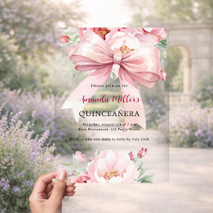 Invitations En Acrylique Flores rose bow clair Quinceanera