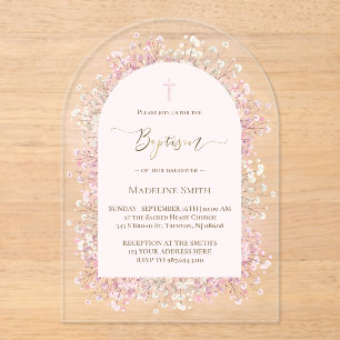 Invitations En Acrylique fond rose pâle fleurs blanches roses Baptême