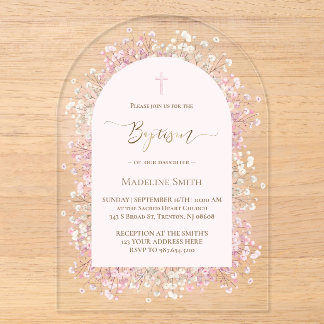 Invitations En Acrylique fond rose pâle fleurs blanches roses Baptême