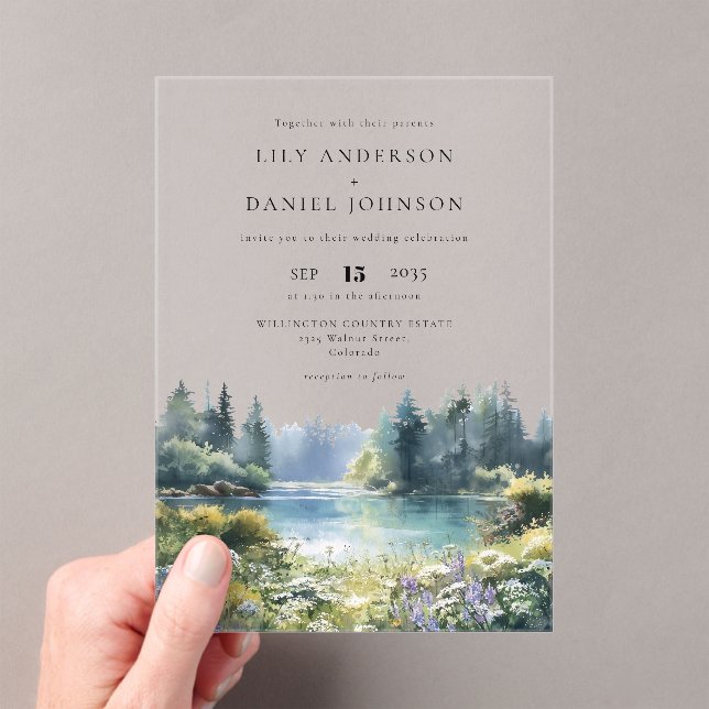 Invitations En Acrylique Forest Lakeside Wildflowers Floral Wedding (In situ (ordinateur de poche))