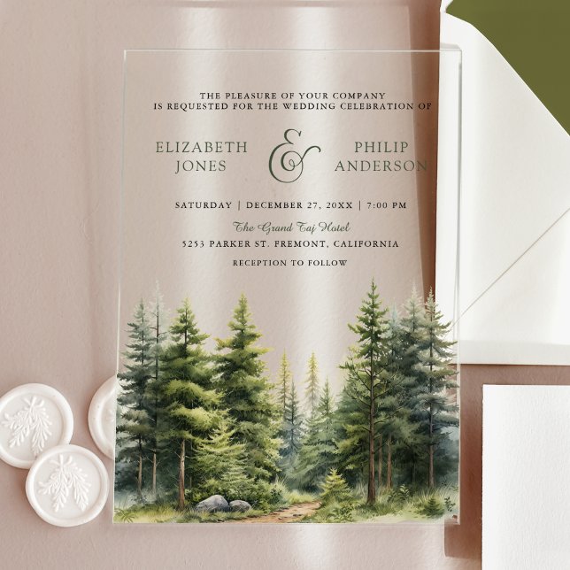 Invitations En Acrylique Forêt de pins hivernale rustique pour mariage (Créateur téléchargé)