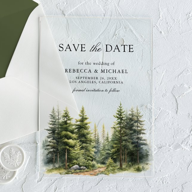 Invitations En Acrylique Forêt de Pins Mariage Épargnez la Date (Créateur téléchargé)