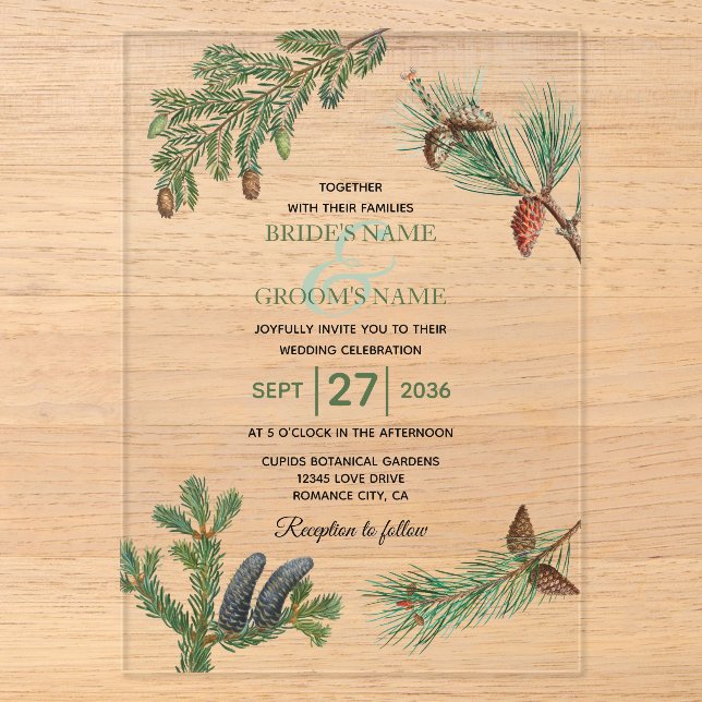 Invitations En Acrylique Forêt de pins rustiques mariage verdure (Recto)