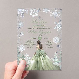 Invitations En Acrylique Forêt de Vert Sauge Princesse d'Hiver Mis Quince