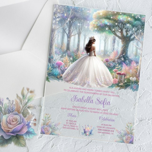 Invitations En Acrylique Forêt Enchantée Pastel Quinceañera (Enchanted forest Quinceanera acrylic invitation and any occasion invite. Simply add your details.)