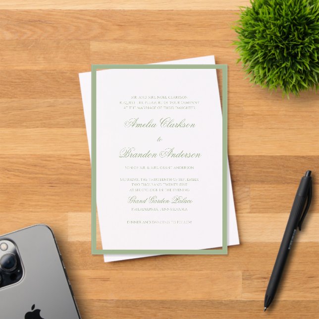 Invitations En Acrylique Formal Real Sage Green Border & Script Wedding (Insitu (Carte d'invitation))