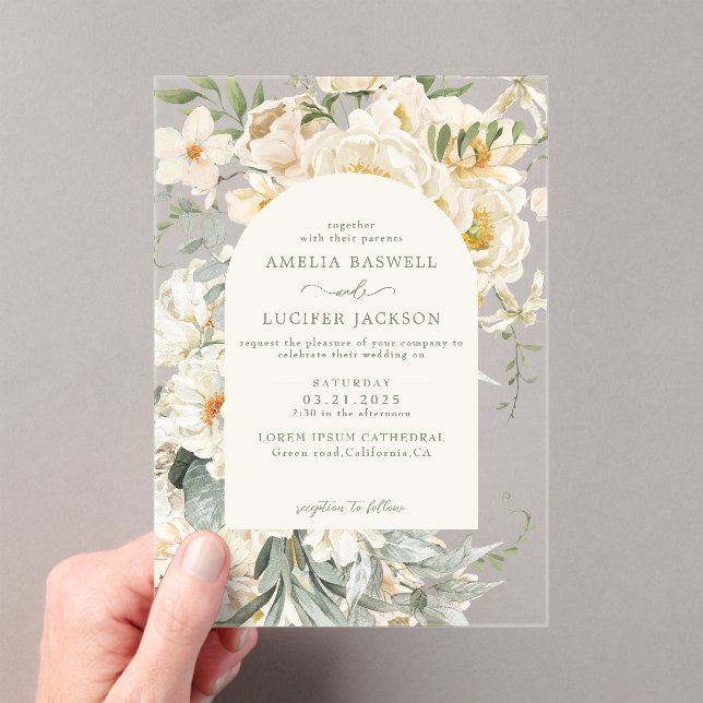 Invitations En Acrylique Formal Sage Green avec ivoire fleuri Jardin Mariag (In situ (ordinateur de poche))