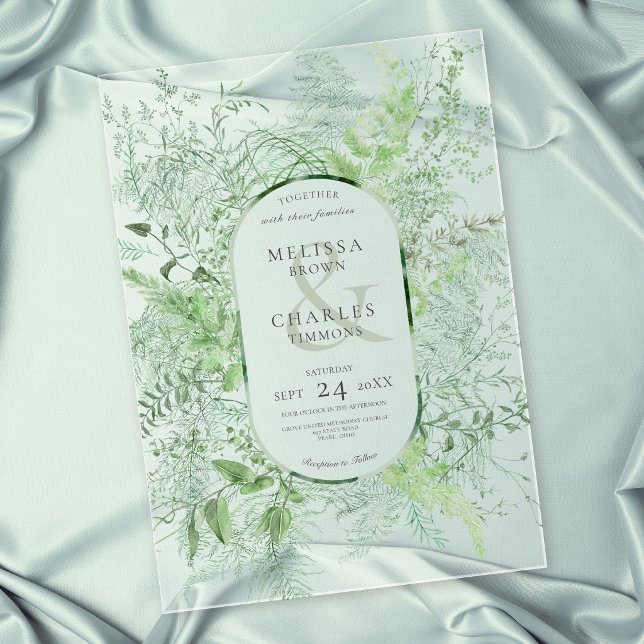 Invitations En Acrylique Fougère Verte Rustique Feuillage Vert Émeraude Mar (Rustic Fern Green Foliage Emerald Green Wedding Acrylic Invitation)