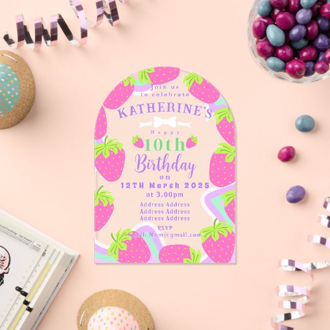 Invitations En Acrylique Fraise Anniversaire rose Carte d'invitation (Insitu (Célébration))
