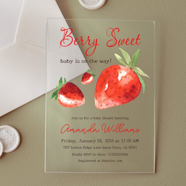 Invitations En Acrylique Fraise Berry Sweet Red Baby shower d'aquarelle rou (Créateur téléchargé)