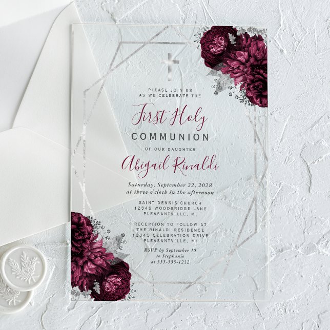 Invitations En Acrylique Frame d'Argent Floral Bourgogne Première communion (Créateur téléchargé)