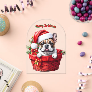 Invitations En Acrylique Französische Bulldogge im Korb Frohe Weihnachten