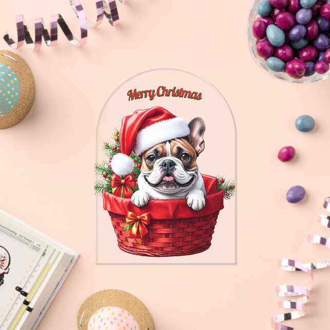 Invitations En Acrylique Französische Bulldogge im Korb Frohe Weihnachten (Insitu (Célébration))