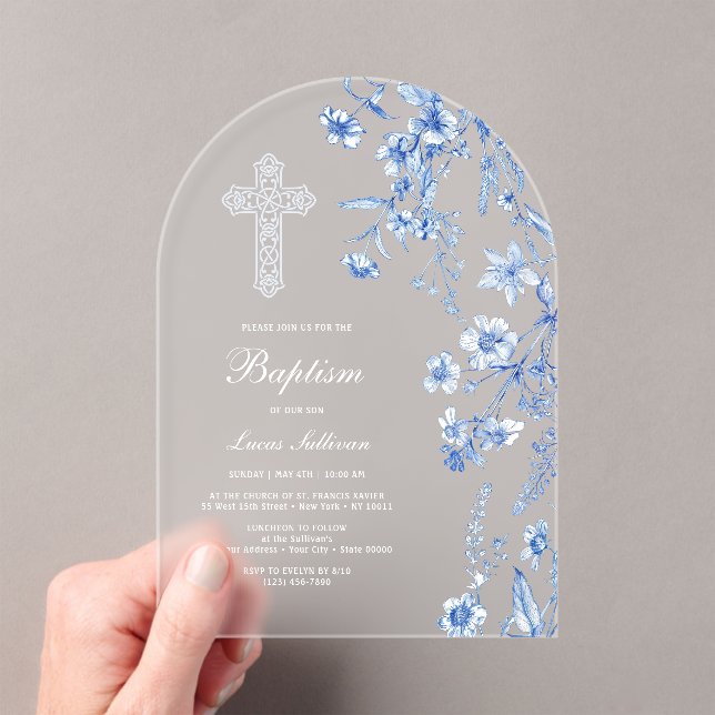Invitations En Acrylique French Blue Wildflowers Arch Baptism (In situ (ordinateur de poche))
