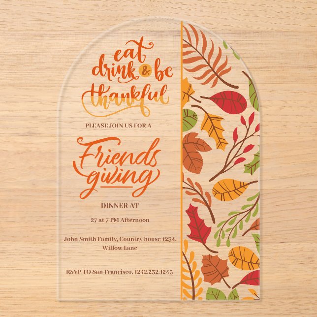 Invitations En Acrylique Friendsgiving Thanksgiving Dinner Orange Fall Fun (Recto)