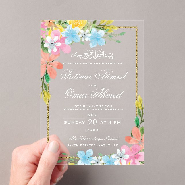 Invitations En Acrylique Frontière or florale Blanc musulman musulman Maria (In situ (ordinateur de poche))