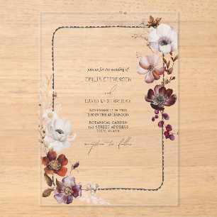 Invitations En Acrylique Frontière Rustique Anémonique Florale Frappée Main