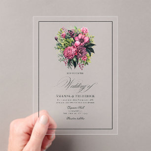 Invitations En Acrylique Fuchsia, Emerald Green et Black Floral Mariage