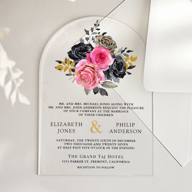 Invitations En Acrylique Fuchsia Fleurs Roses Mariage Noir (Créateur téléchargé)