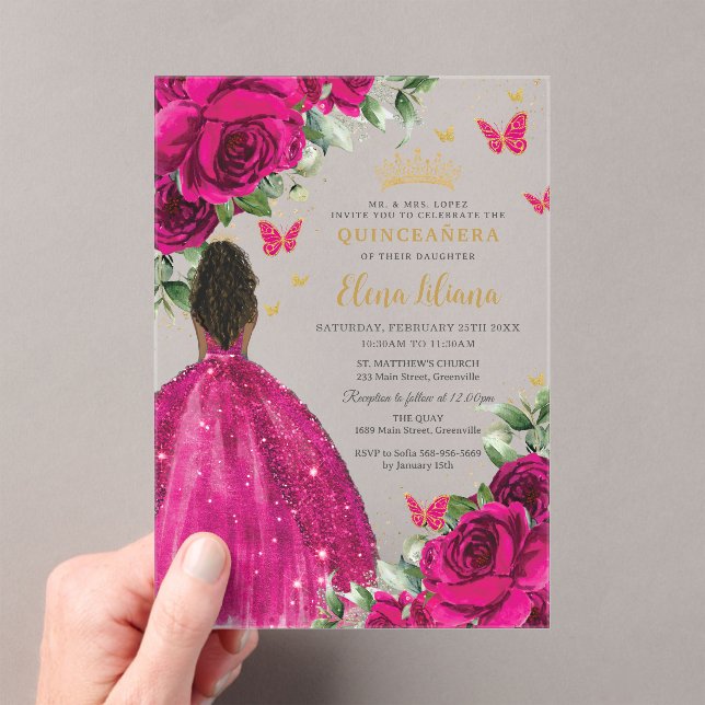 Invitations En Acrylique Fuchsia Floral Brown Princesse Quinceañera Sweet 1 (In situ (ordinateur de poche))