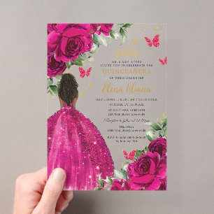 Invitations En Acrylique Fuchsia Floral Marron Princess Quinceañera Sweet 1