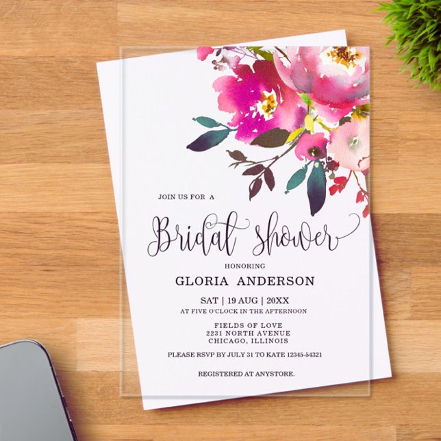 Invitations En Acrylique Fuchsia Floral  Shower de Mariage  (Créateur téléchargé)