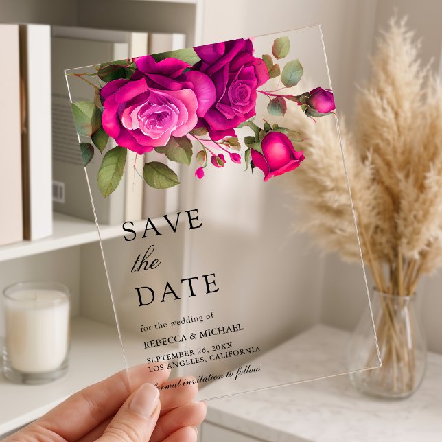 Invitations En Acrylique Fuchsia Hot Pink Roses Wedding Save the Date (Créateur téléchargé)