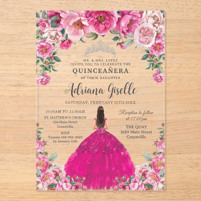 Invitations En Acrylique Fuchsia Pink Floral Silver Quinceanera XV Birthday (Recto)