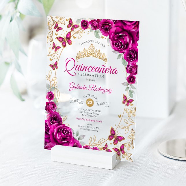 Invitations En Acrylique Fuchsia Pink Gold Floral Quinceanera (Créateur téléchargé)