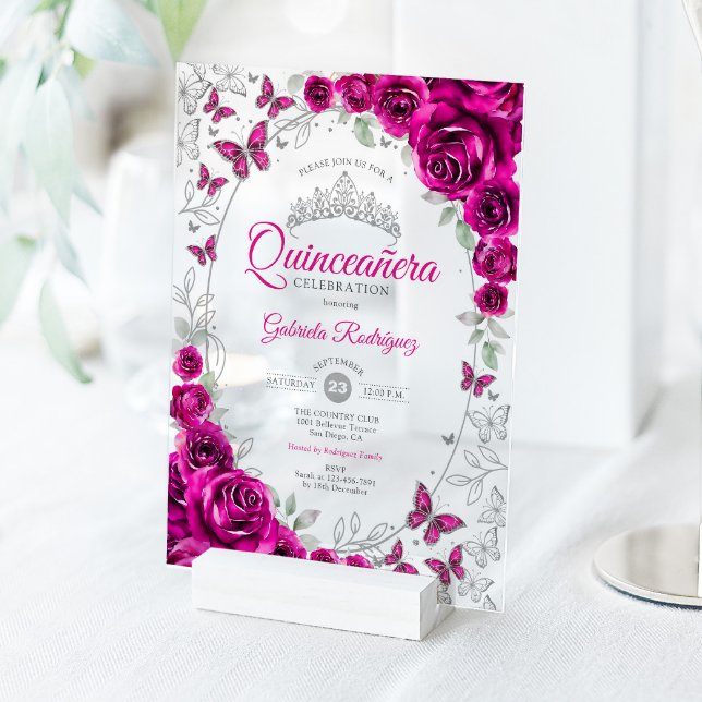 Invitations En Acrylique Fuchsia Pink Silver Floral Quinceanera (Créateur téléchargé)