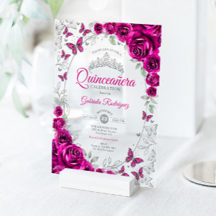 Invitations En Acrylique Fuchsia Rose Argent Quinceanera