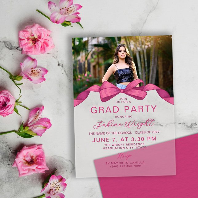 Invitations En Acrylique Fuchsia Rose Bow Photo Graduation Party (Créateur téléchargé)