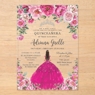 Invitations En Acrylique Fuchsia Rose Floral Argent Quinceanera XV Annivers
