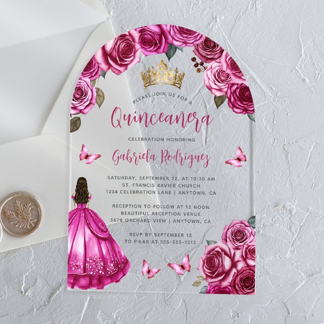 Invitations En Acrylique Fuchsia rose Rose aquarelle Quinceañera (Créateur téléchargé)
