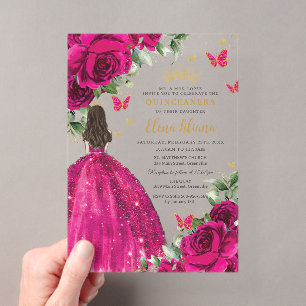 Invitations En Acrylique Fuchsia Roses Rose Fuschia Chaudes Fêtes Quinceañe