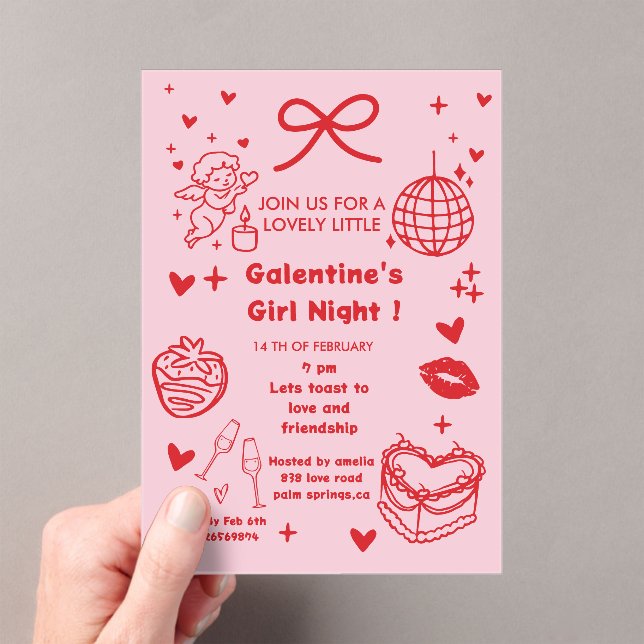 Invitations En Acrylique Galentine’s Party, Night Valentine Hand Drawn  (In situ (ordinateur de poche))