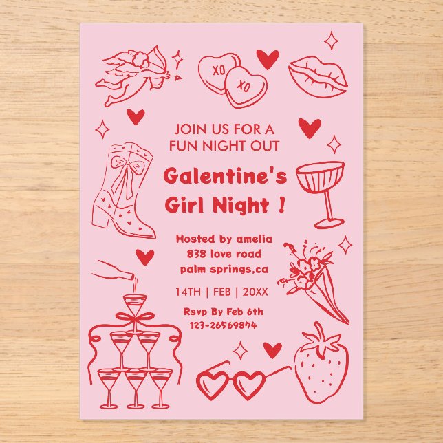 Invitations En Acrylique Galentine’s Party, Night Valentine Hand Drawn  (Recto)
