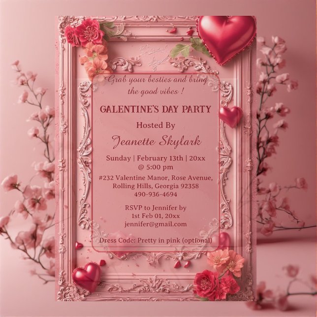 Invitations En Acrylique Galentines Day Party Heart Floral Pastel Pink Vine (Galentines Day Party Heart Floral Pastel Pink Vine Acrylic Invitations)