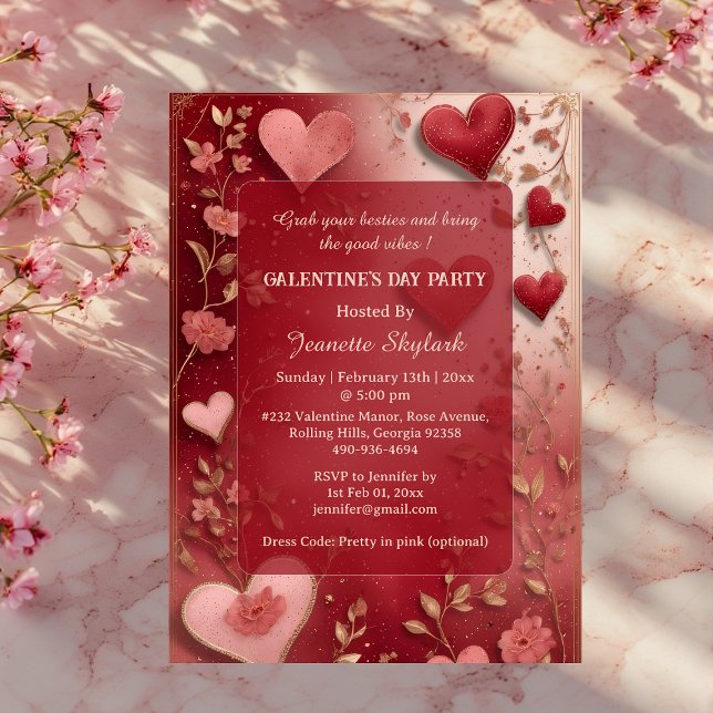 Invitations En Acrylique Galentine's Day Party Heart Ivory Vine Floral Red  (Galentine's Day Party Heart Ivory Vine Floral Red Acrylic Invitations)