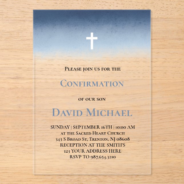 Invitations En Acrylique garçon de confirmation aquarelle bleue (Recto)