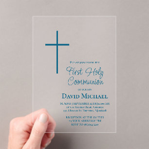 Invitations En Acrylique garçon de première communion croix bleue