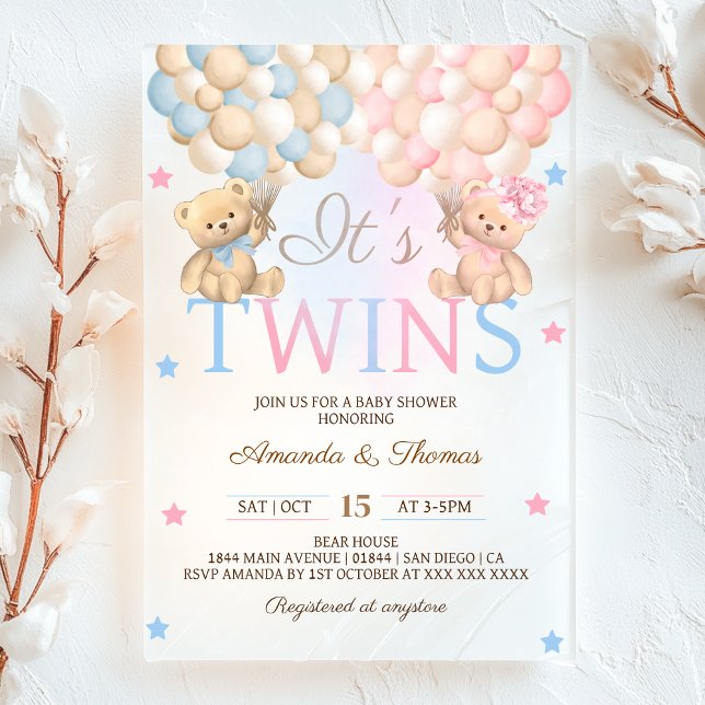 Invitations En Acrylique Garçon Jumeaux Ours Avec Baby shower Ballons (Créateur téléchargé)