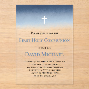 Invitations En Acrylique garçon première communion bleu aquarelle