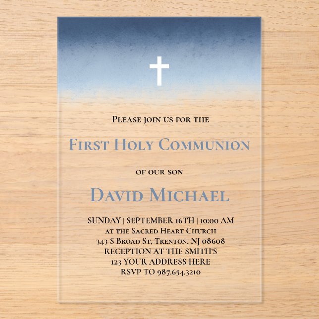 Invitations En Acrylique garçon première communion bleu aquarelle (Recto)